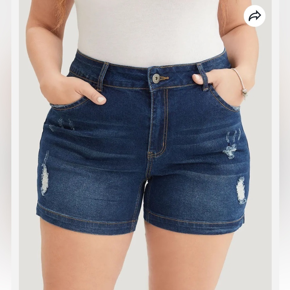 BloomChic Moderately Stretchy High Rise Dark Wash Distressed Denim Shorts 3XL